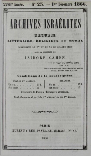 Archives israélites de France. Vol.27 N°23 (01 déc. 1866)
