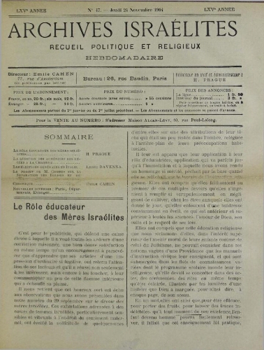 Archives israélites de France. Vol.65 N°47 (24 nov. 1904)