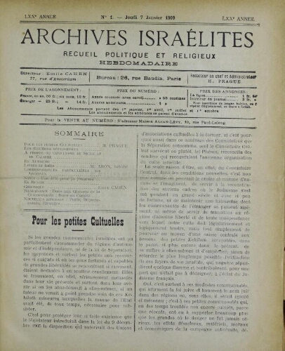 Archives israélites de France. Vol.70 N°01 (07 janv. 1909)