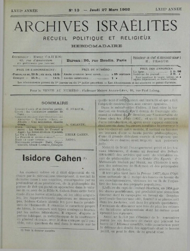 Archives israélites de France. Vol.63 N°13 (27 mars 1902)