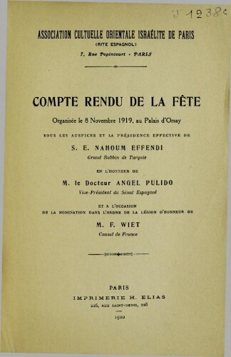 Compte rendu de la fête organisée le 8 novembre 1919 au Palais d'Orsay