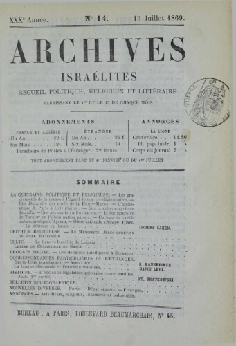 Archives israélites de France. Vol.30 N°14 (15 juil. 1869)