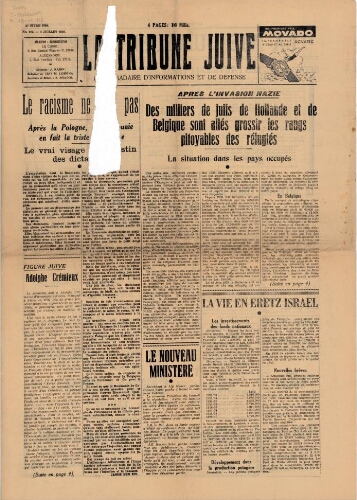 La Tribune Juive Vol° N°212 (03 juillet 1940)