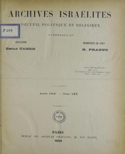 Archives israélites de France. Vol.70 Table des matières