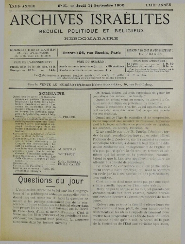 Archives israélites de France. Vol.63 N°37 (11 sept. 1902)