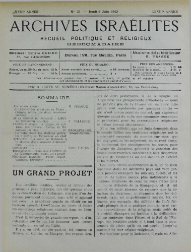 Archives israélites de France. Vol.73 N°23 (06 juin 1912)