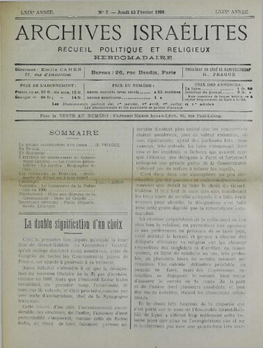 Archives israélites de France. Vol.69 N°07 (13 févr. 1908)