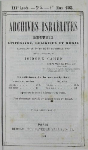 Archives israélites de France. Vol.25 N°05 (01 mars 1864)