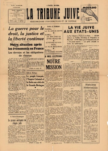 La Tribune Juive Vol° N°211 (26 juin 1940)