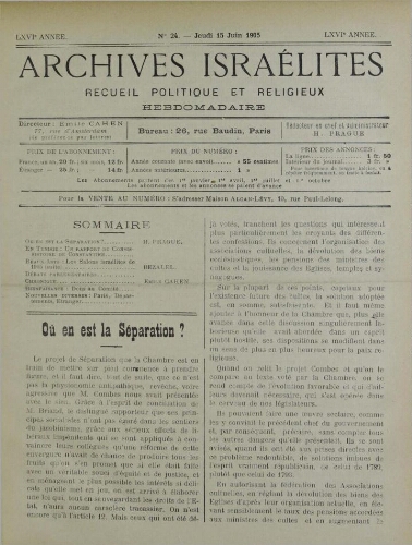 Archives israélites de France. vol.66 N°24 (15 juin 1905)