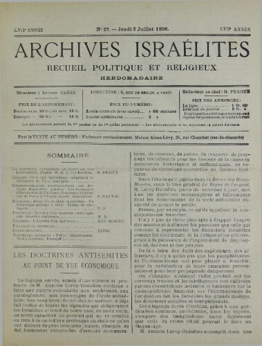 Archives israélites de France. Vol.57 N°27 (02 juil. 1896)