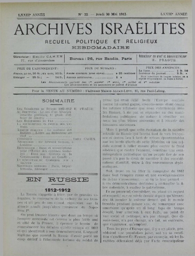 Archives israélites de France. Vol.73 N°22 (30 mai 1912)