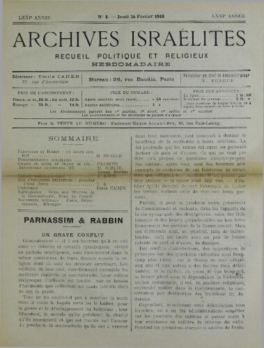 Archives israélites de France. Vol.71 N°08 (24 févr. 1910)