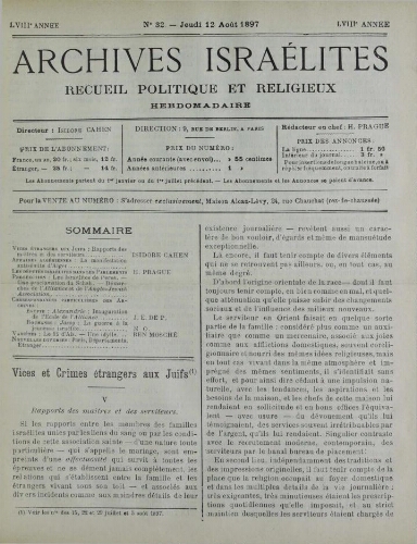 Archives israélites de France. Vol.58 N°32 (12 août 1897)