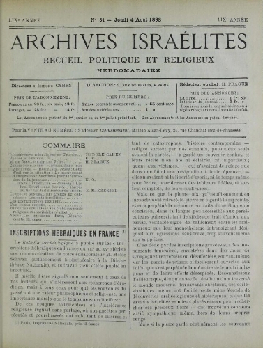 Archives israélites de France. Vol.59 N°31 (04 août 1898)