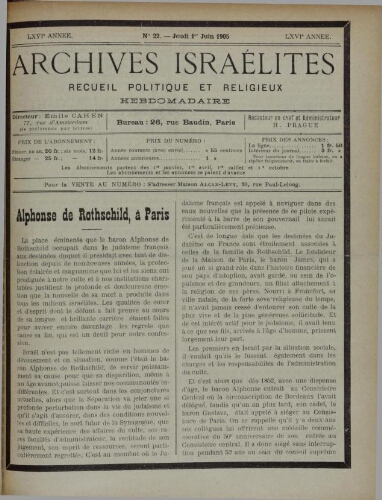 Archives israélites de France. vol.66 N°22 (01 juin 1905)