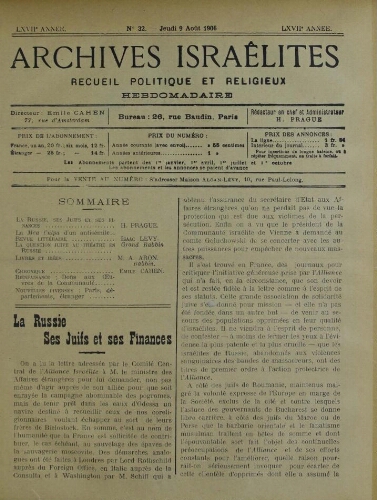 Archives israélites de France. Vol.67 N°32 (09 août 1906)
