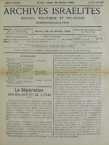 Archives israélites de France. Vol.63 N°44 (30 oct. 1902)