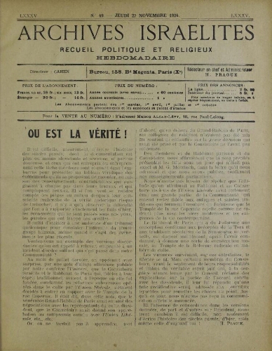 Archives israélites de France. Vol.85 N°49 (27 nov. 1924)