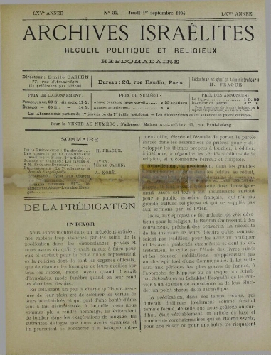 Archives israélites de France. Vol.65 N°35 (01 sept. 1904)