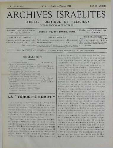 Archives israélites de France. Vol.73 N°08 (22 févr. 1912)