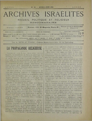 Archives israélites de France. Vol.90 N°22 (06 juin 1929)