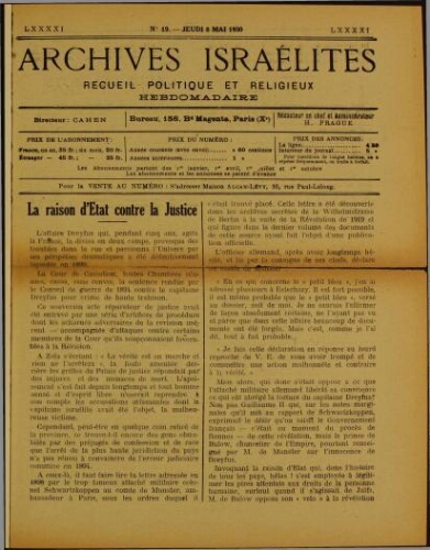 Archives israélites de France. Vol.91 N°19 (08 mai 1930)
