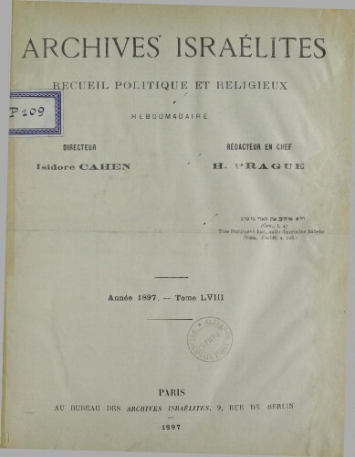 Archives israélites de France. Vol.58 N° (01 janv. 1897)