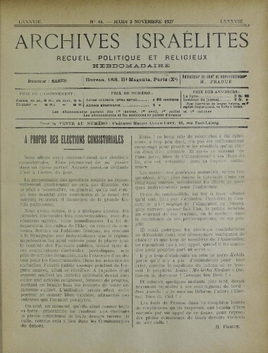 Archives israélites de France. Vol.88 N°44 (03 nov. 1927)