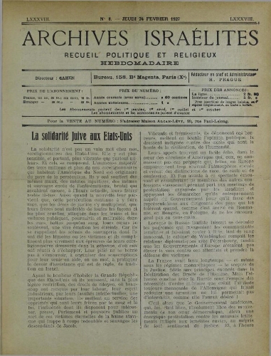 Archives israélites de France. Vol.88 N°08 (24 févr. 1927)