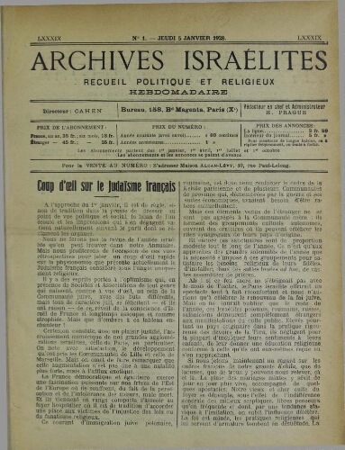 Archives israélites de France. Vol.89 N°01 (05 janv. 1928)