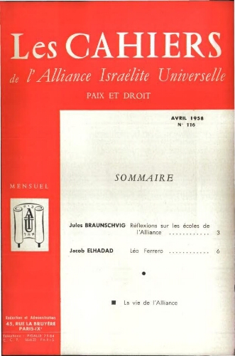 Les Cahiers de l'Alliance Israélite Universelle (Paix et Droit).  N°116 (01 avr. 1958)