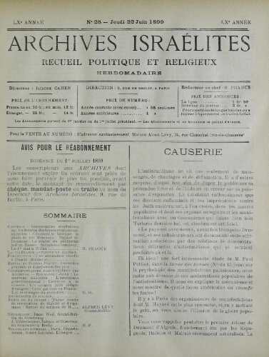 Archives israélites de France. Vol.60 N°25 (22 juin 1899)