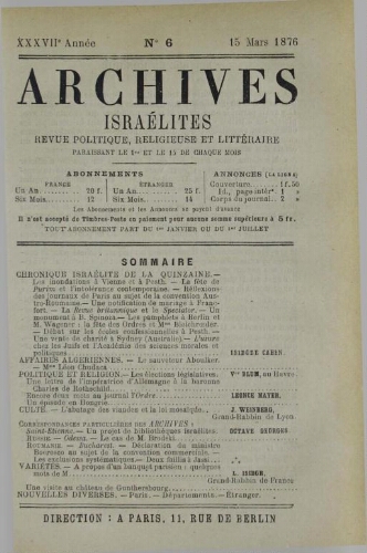 Archives israélites de France. Vol.37 N°06 (15 mars 1876)