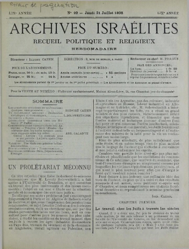 Archives israélites de France. Vol.59 N°29 (21 juil. 1898)