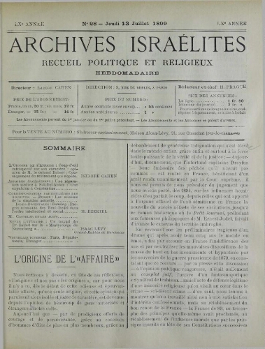 Archives israélites de France. Vol.60 N°28 (13 juil. 1899)