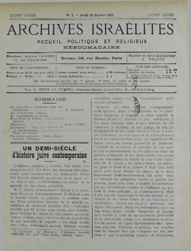 Archives israélites de France. Vol.73 N°03 (18 janv. 1912)