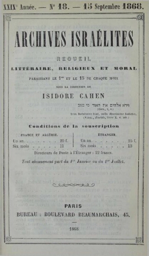 Archives israélites de France. Vol.29 N°18 (15 sept. 1868)