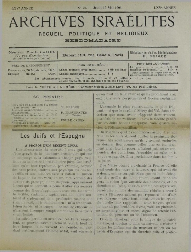 Archives israélites de France. Vol.65 N°20 (19 mai 1904)