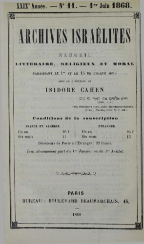 Archives israélites de France. Vol.29 N°11 (01 juin 1868)
