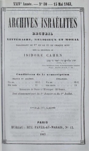 Archives israélites de France. Vol.24 N°10 (15 mai 1863)