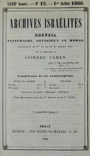 Archives israélites de France. Vol.27 N°13 (01 juil. 1866)