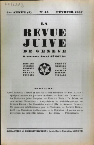La Revue Juive de Genève. Vol. 5 n° 5 fasc. 45 (février 1937)