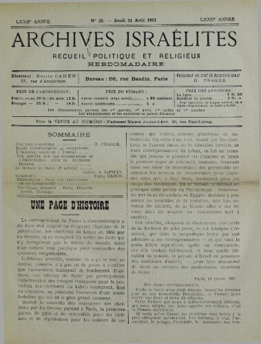 Archives israélites de France. Vol.72 N°35 (31 août 1911)