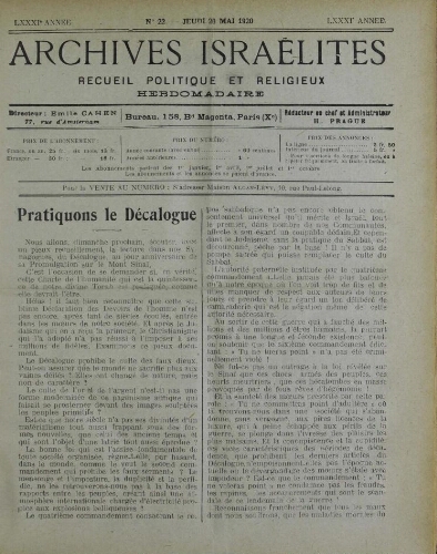 Archives israélites de France. Vol.81 N°22 (20 mai 1920)