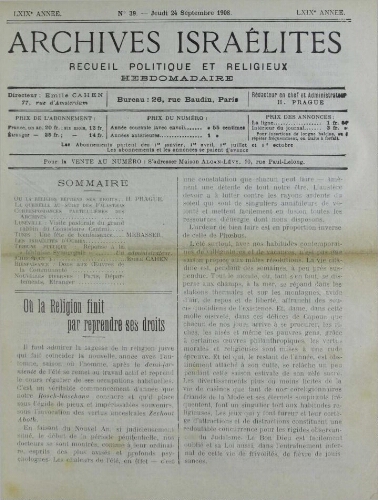 Archives israélites de France. Vol.69 N°39 (24 sept. 1908)