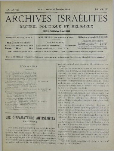 Archives israélites de France. Vol.60 N°02 (12 janv. 1899)