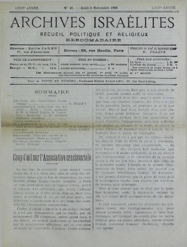 Archives israélites de France. Vol.69 N°45 (05 nov. 1908)