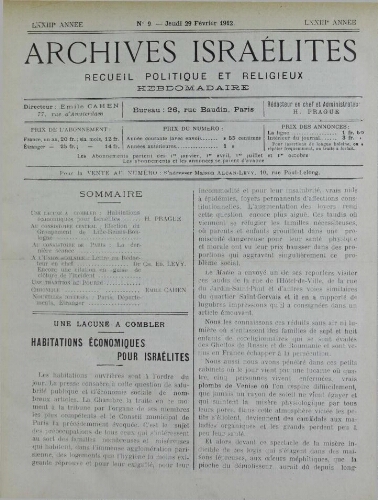 Archives israélites de France. Vol.73 N°09 (29 févr. 1912)