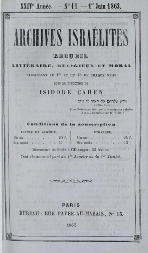 Archives israélites de France. Vol.24 N°11 (01 juin 1863)